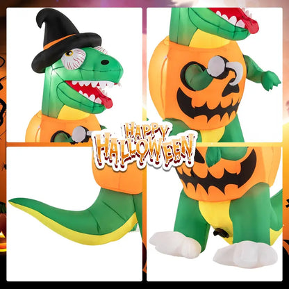 6 ft Inflatable Pumpkin Dinosaur  Yard-Sized Halloween Decoration with Integrated LED Lights & Witch Hat