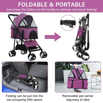 Pet Gear 3-in-1 Folding Pet Stroller with Detachable Carrier, Purple, 44lb Capacity