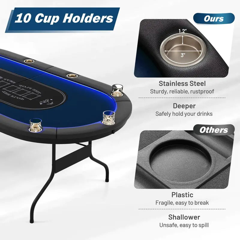 LED-Illuminated Foldable Poker Table for Texas Hold’em and Blackjack (84″ Wide)