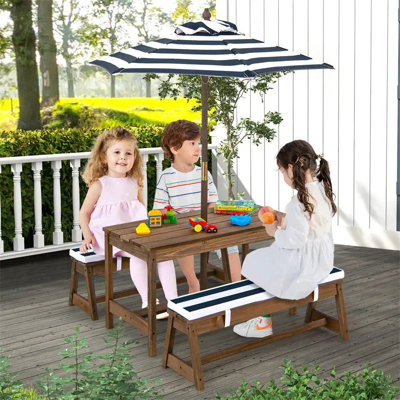 Adjustable Outdoor Kids’ Picnic Table Set with Cushioned Benches and Tilt-Height Umbrella