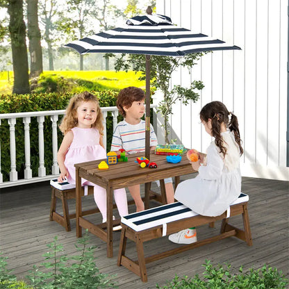 Adjustable Outdoor Kids’ Picnic Table Set with Cushioned Benches and Tilt-Height Umbrella