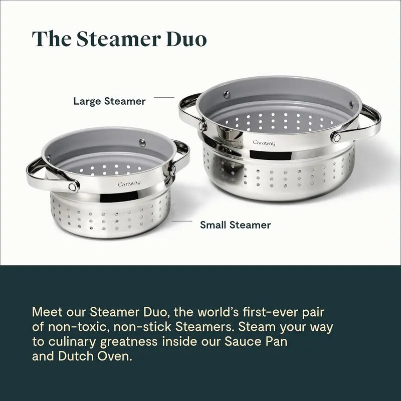 Caraway Steamer Duo  Stainless Steel, Non-Stick, Non-Toxic | Veggies & Seafood | Dutch Oven Compatible