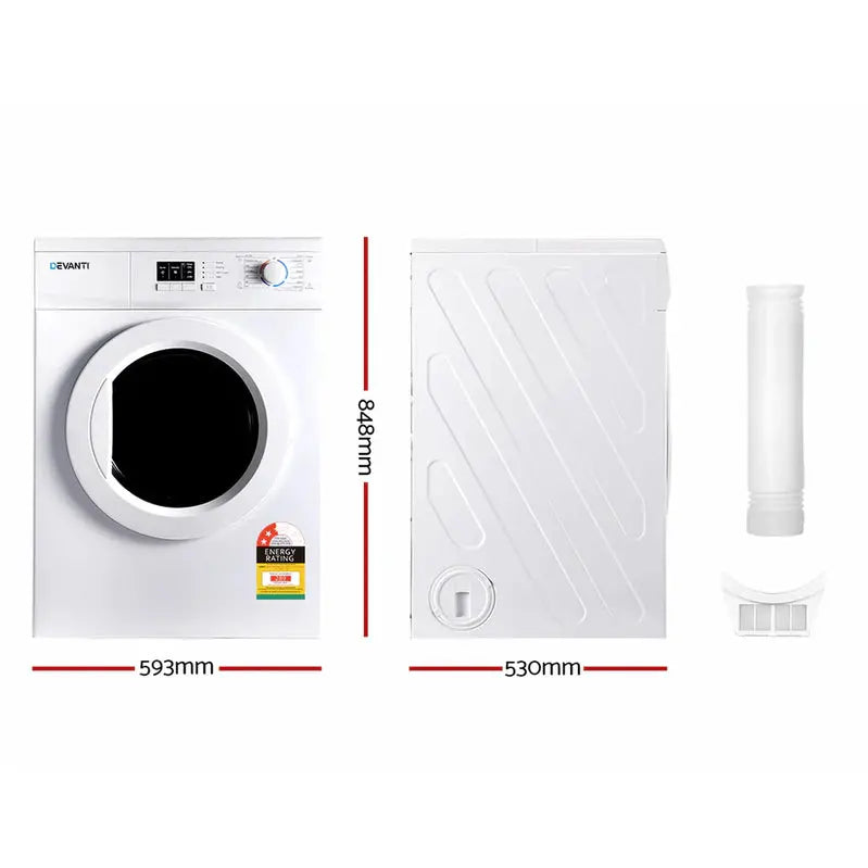 Devanti 7kg Vented Tumble Dryer  Compact White Capacity Dryer with Multiple Programs