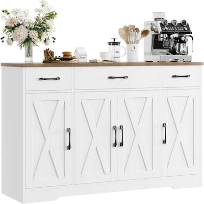 55-Inch Farmhouse-Style Buffet Cabinet with Drawers, Shelves, and Four Doors  White Rustic Kitchen Storage