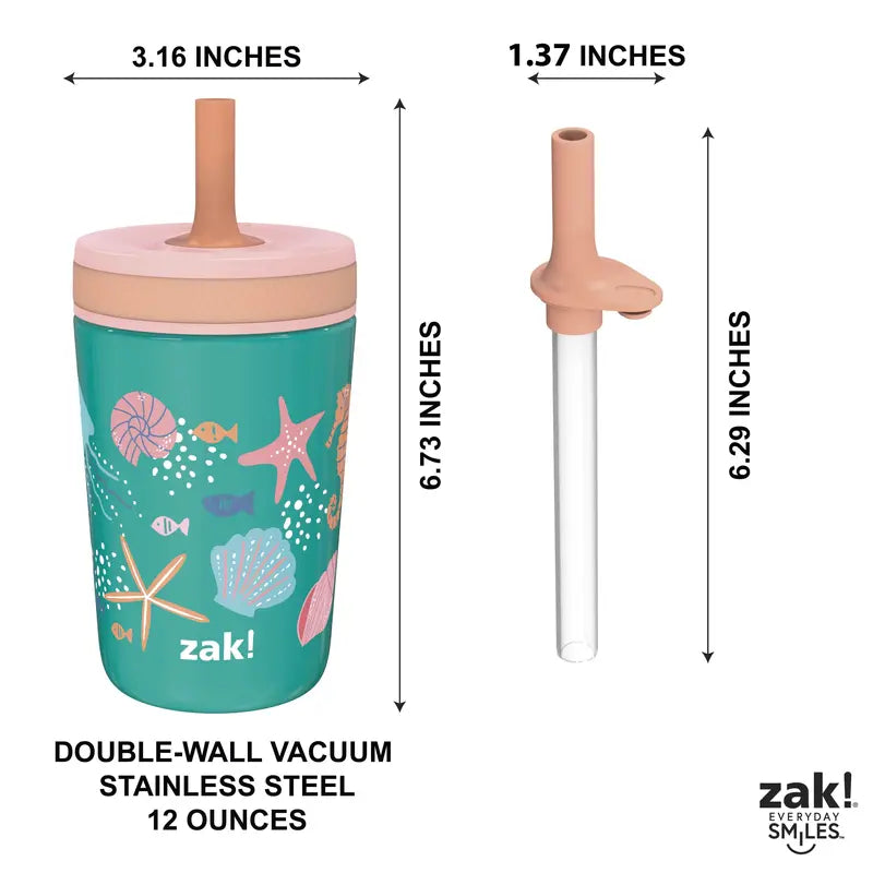 Zak Designs 3pc Kelso Straw Tumbler Set, 12oz Stainless Steel and 15oz Plastic, 2 Cups and 1 Bonus Straw, Leakproof and Perfect for Kids, Seashells