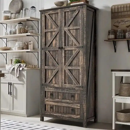 64-Inch Farmhouse-Style Tall Pantry Cabinet with Dual Drawers & Adjustable Shelving