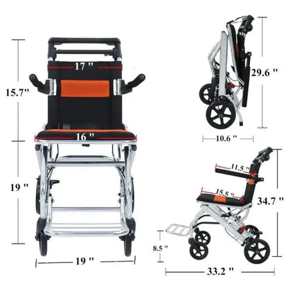 Lightweight Folding Wheelchair for Travel  Compact, Handbrake-Equipped, 220 lb Capacity, Suitable for Seniors and Kids