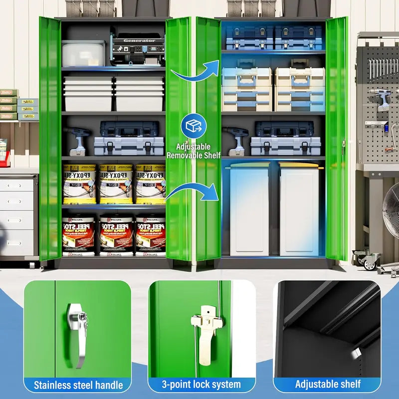 Greenvelly 72-Inch Locking Metal Storage Cabinet — 2-Door Garage or Office Organizer with Adjustable Shelves