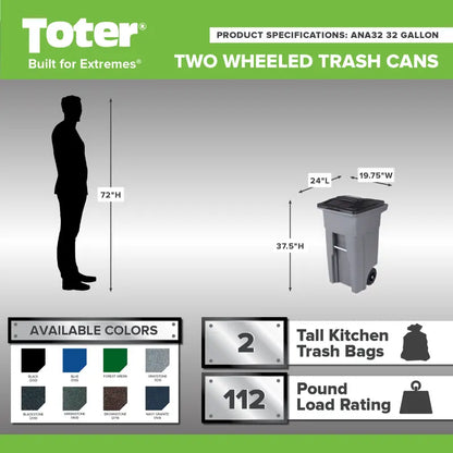 Toter 32 Gallon Greenstone Trash Can with Quiet Wheels and Attached Lid for Indoor/Outdoor Use