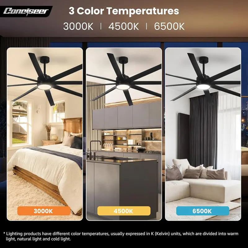 72-Inch Modern Ceiling Fan with Dimmable 3-CCT Light & Remote | 8-Blade Quiet DC Motor, 6-Speed Reversible, 24W Energy-Efficient Design for Living Rooms, Bedrooms, Patios, or Industrial Spaces