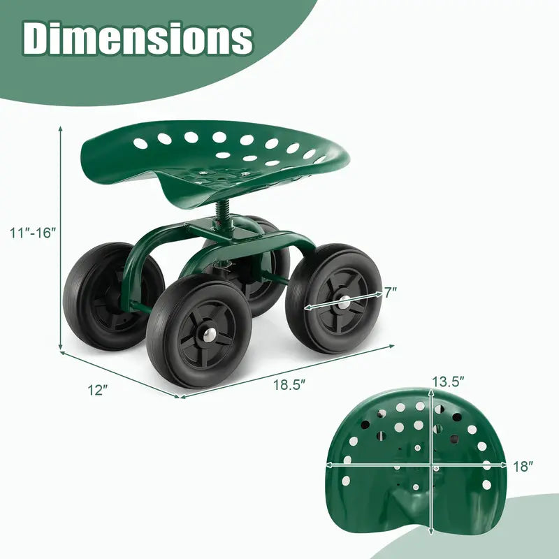 Wheeled Garden Utility Cart, Adjustable Swivel-Seat Cart for Lawn and Landscape Tasks