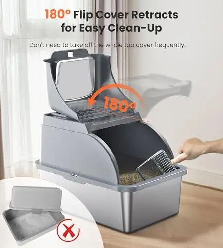 XXL Stainless Steel Cat Litter Box with Dual Entrance, Covered & High Walls, Includes Litter Scoop