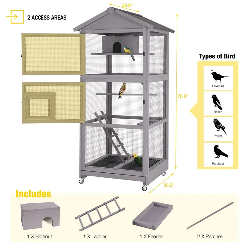 Brand Wooden Cockatiel Cage with Wheels, Removable Netting, Waterproof Roof, and Spacious Design for Outdoor Use