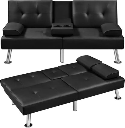 Yaheetech Faux Leather Convertible Sofa Bed  Reversible Loveseat with Removable Arms & 3-Position Recline