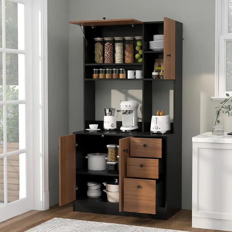 71-Inch Walnut Kitchen Pantry Hutch with Microwave Stand, Adjustable Shelving, 3 Drawers, and Spacious Countertop for Dining or Living Areas