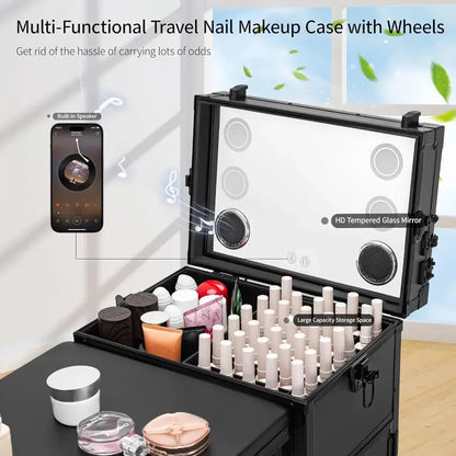 Rolling Manicure Station  LED Mirror, Built-in Bluetooth Speaker, Secure TSA Lock, and Storage Drawers