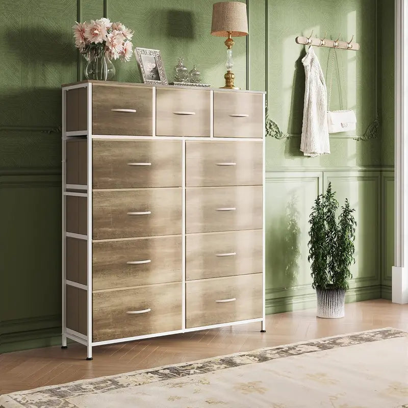 11-Bin Tall Fabric Storage Tower  Steel-Frame Organizer Unit with Stackable Drawers & Soft Bins