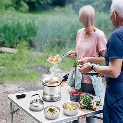 Portable Aluminum Camping Stove Set with Pots, Plates, Kettle & Accessories  Lightweight & Compact for Outdoor Use