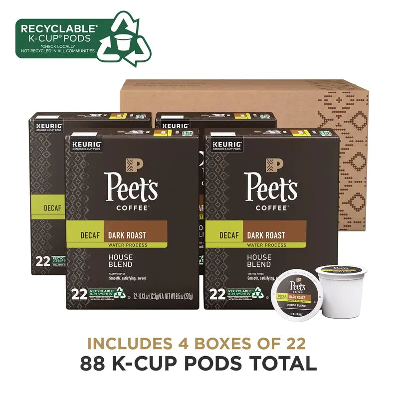 Peet’s Decaf House Blend K-Cup Pods  Dark Roast, 88-Count (4 x 22-Pack) for Smooth, Caffeine-Free Brewing