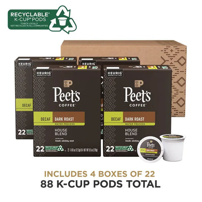 Peet’s Decaf House Blend K-Cup Pods  Dark Roast, 88-Count (4 x 22-Pack) for Smooth, Caffeine-Free Brewing