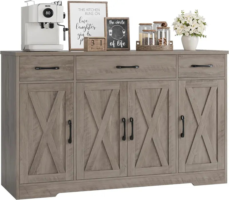55-Inch Modern Farmhouse Sideboard  Large Storage Buffet with Doors, Shelves & Coffee Bar Style