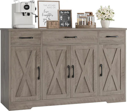 55-Inch Modern Farmhouse Sideboard  Large Storage Buffet with Doors, Shelves & Coffee Bar Style