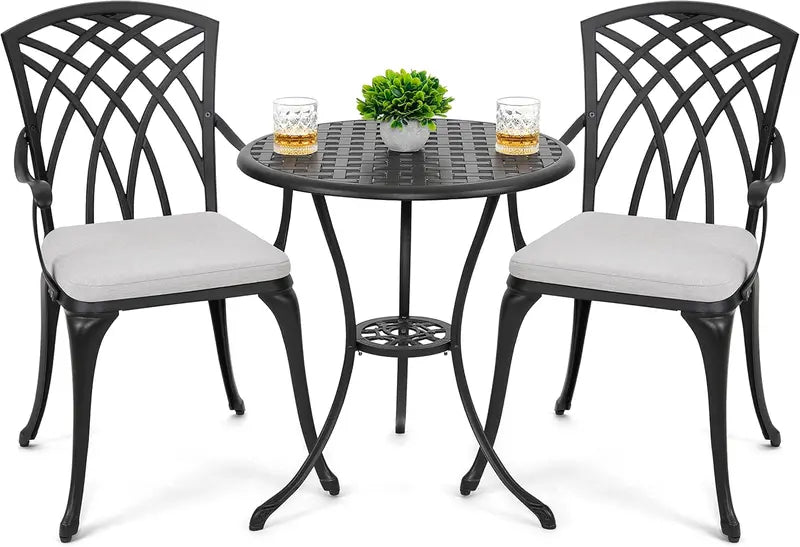 NUU GARDEN 3-Piece Aluminum Bistro Set  Outdoor Patio Table & Chairs with Umbrella Hole & Gray Cushions