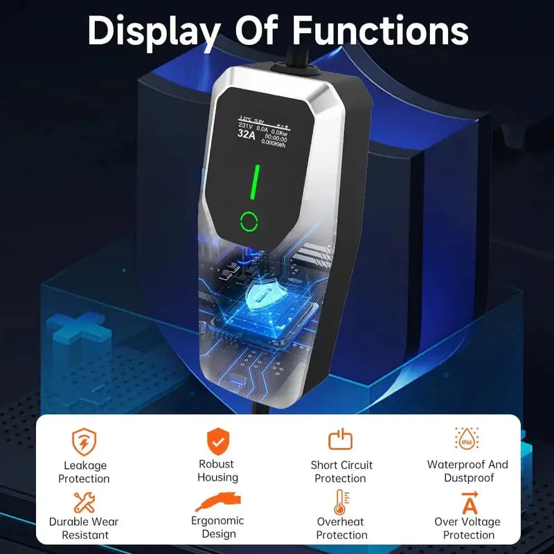 Portable 32A EV Charger for Home Use  NEMA 14-50 Plug, 26-Foot Cable, Supports Level 1 & Level 2 Charging (7.68 kW)