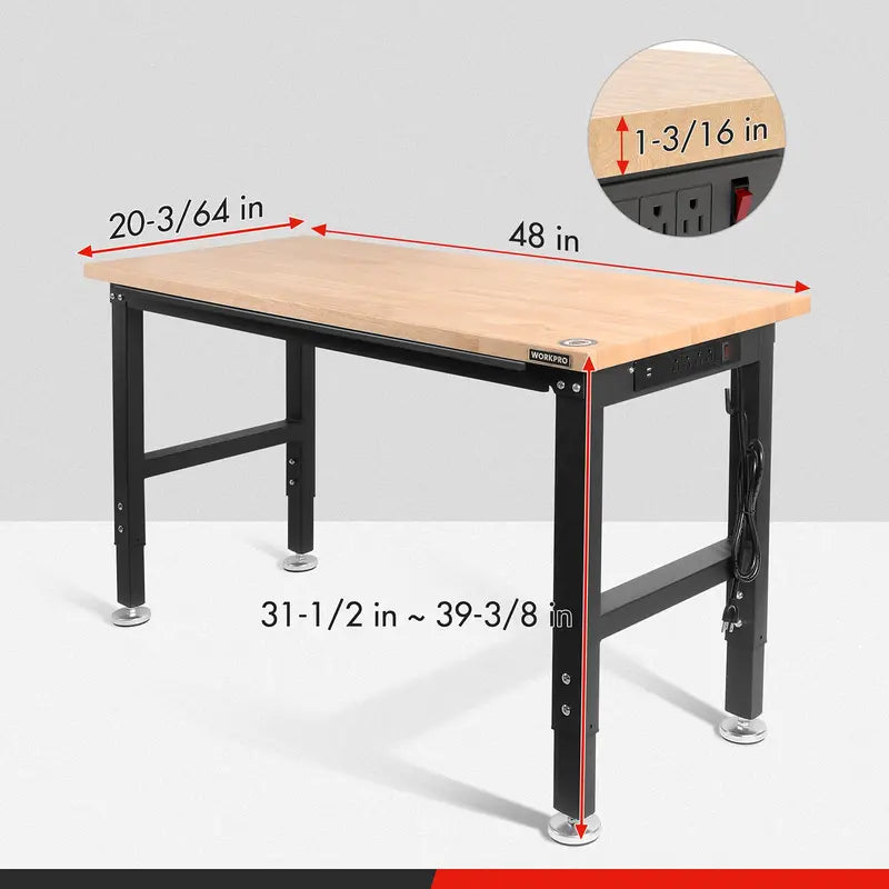 WORKPRO Heavy-Duty Adjustable Workbench  48″ to 60″ Expandable Hardwood Table (2000 LB Capacity)
