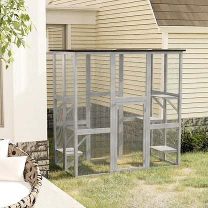 PAWHUT Large Wooden Catio Enclosure  Weatherproof Outdoor Cat Haven with Six Tiered Platforms (71″ x 38.5″ x 71″)