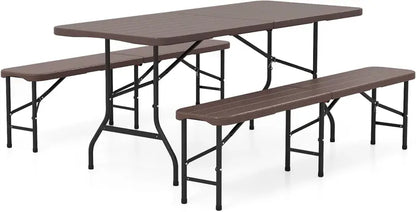 6-Foot Portable Picnic Set — HDPE Wood-Grain Folding Table & Benches (3-Piece)