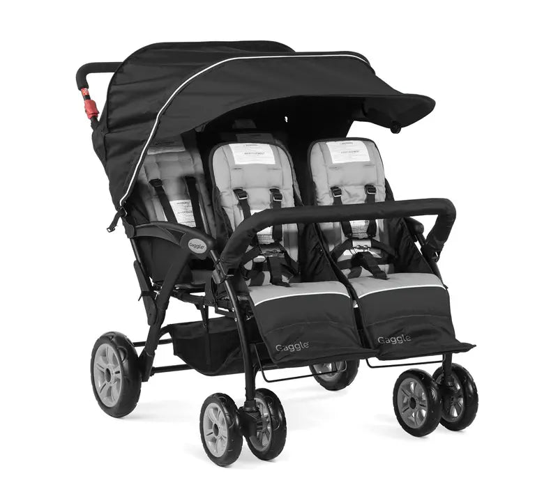 Compass Quad 4-Seat Stroller  Daycare-Ready Multi-Child Carrier with UV Canopy, 5-Point Harnesses, and Storage Bucket