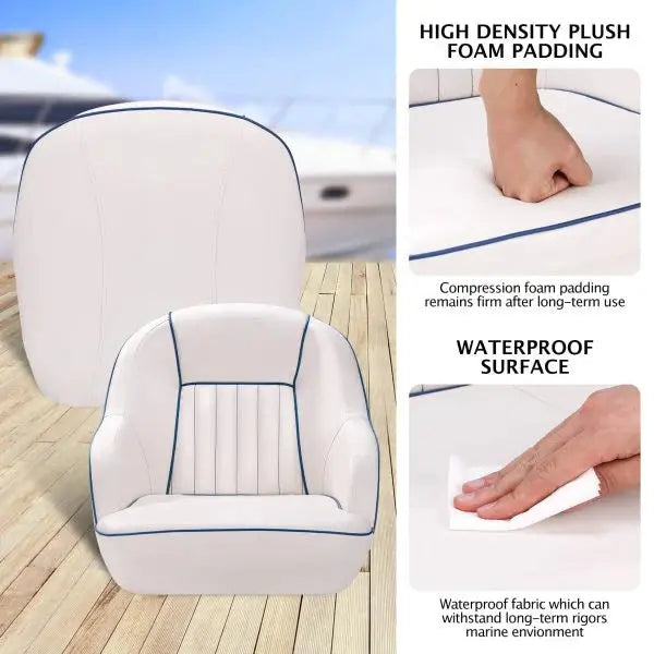 White & Blue Pontoon Boat Captain’s Seat  Fold-Back Backrest, Cabin-Ready