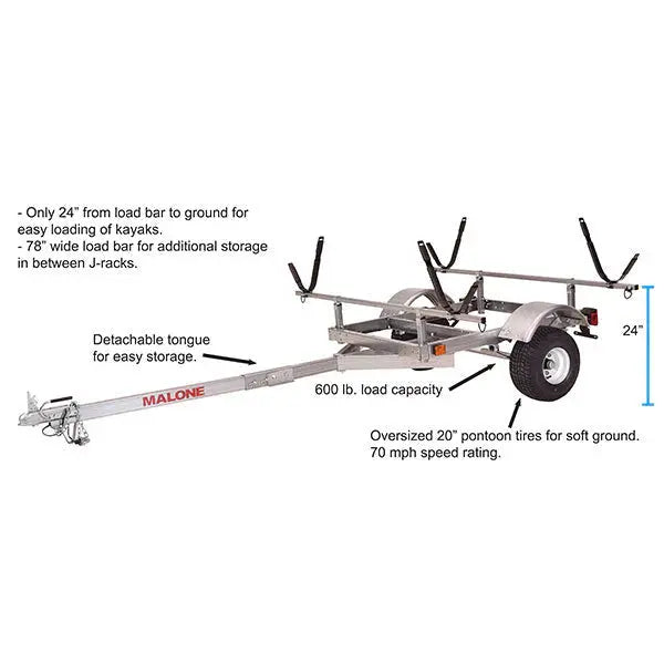 Malone LowMax 2-Kayak Trailer  600-Lb Capacity, Galvanized Steel Frame, LED Lighting, and 70-MPH Rated Tires