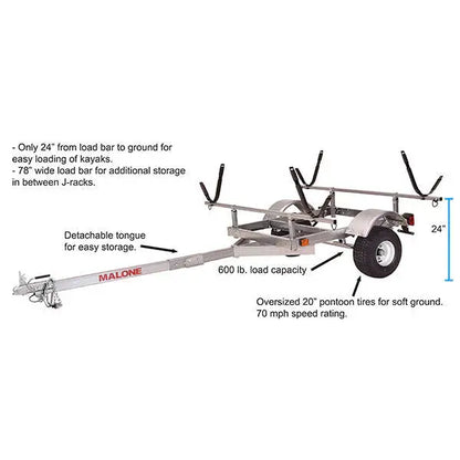 Malone LowMax 2-Kayak Trailer  600-Lb Capacity, Galvanized Steel Frame, LED Lighting, and 70-MPH Rated Tires