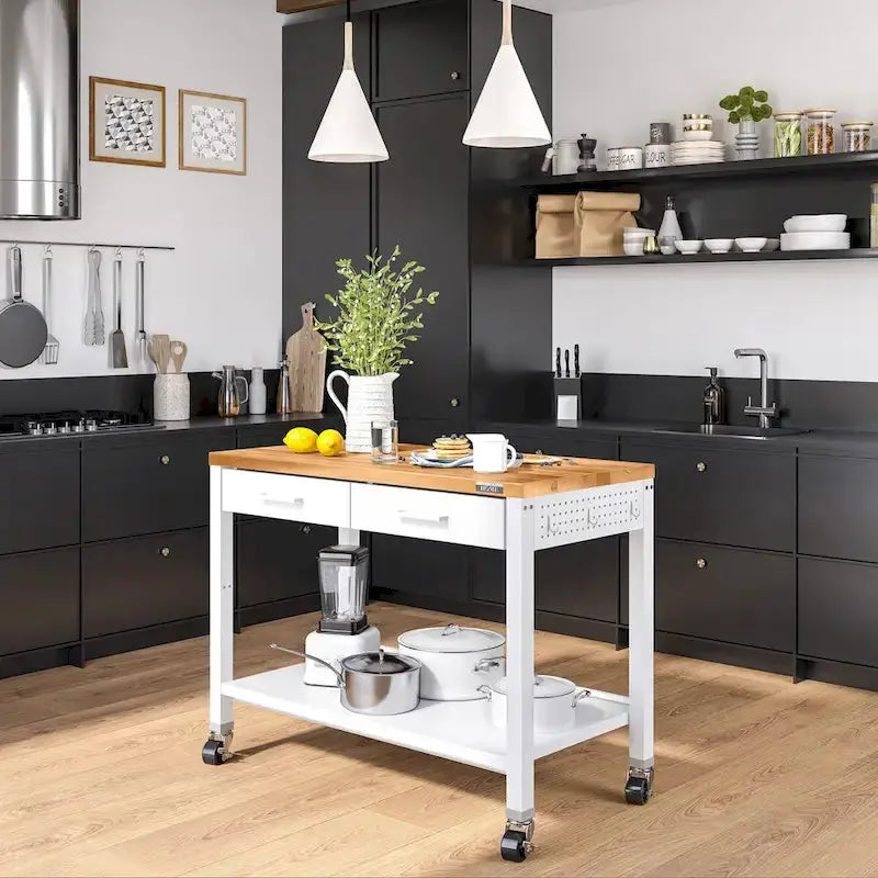 Seville Classics HOME Work Center Island Table  48¡å White Solid Wood Top