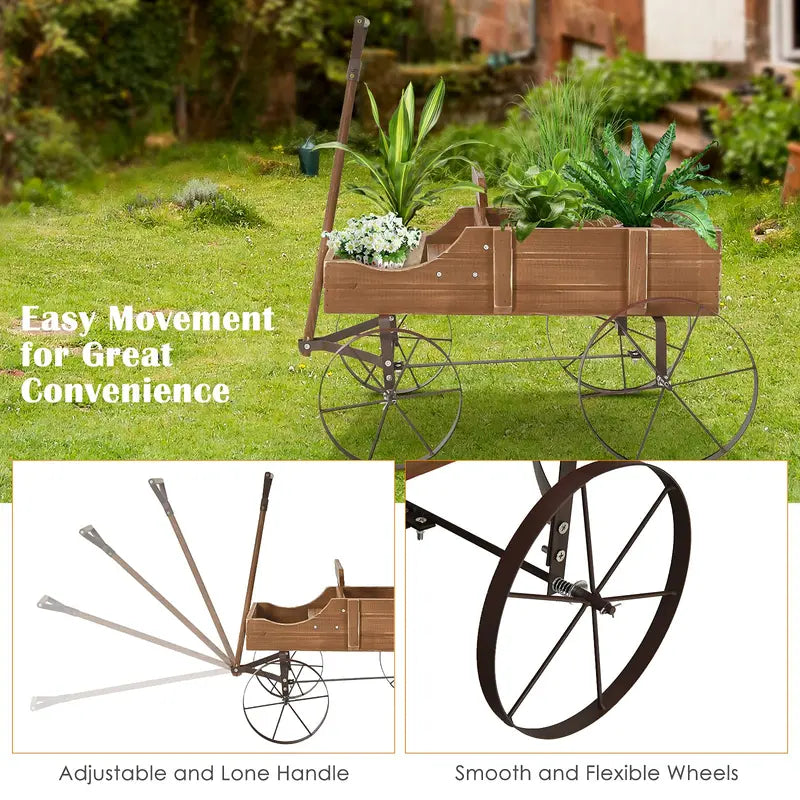 Wooden Wheeled Wagon Planter  Decorative Rolling Garden Planter for Patios and Landscapes