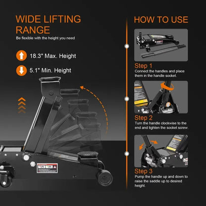 Heavy-Duty 3-Ton Hydraulic Floor Jack  Quick-Lift Dual Pump, Black Finish, W8303-B Model