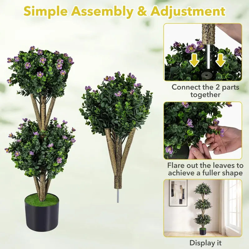 51-Inch Artificial Triple-Ball Boxwood Topiary Tree with 59 Blossoms and Weighted Plastic Pot