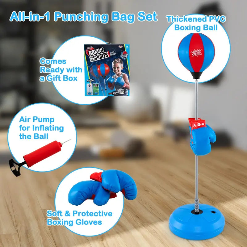 Kids’ Adjustable Punching Bag Set  Includes Reflex Ball and Safe Boxing Toy Components