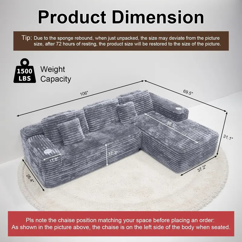 Cloud L-Shaped Sectional Sofa  Modular Deep-Seat Couch with Built-In Cup Holders