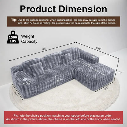 Cloud L-Shaped Sectional Sofa  Modular Deep-Seat Couch with Built-In Cup Holders