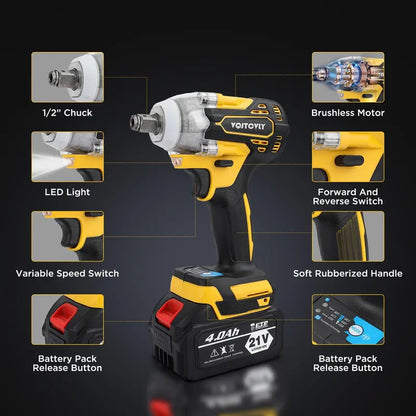21V Brushless Cordless Impact Wrench 1/2″ with 2x 4.0Ah Batteries, 5 Sockets, 7 Drill Bits  Yellow