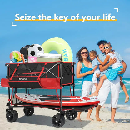 50″ Extended Double-Decker Wagon  Brake-Equipped 500 lb Folding Utility Cart with Extra-Long Frame