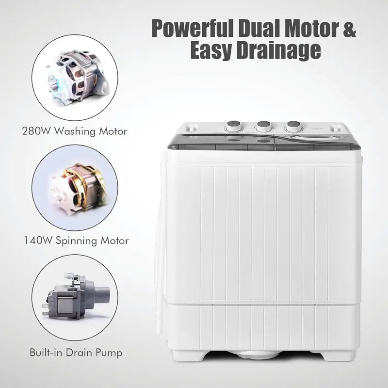 COSTWAY Twin-Tub Portable Washer  26 lb Total Capacity (18 lb Wash + 8 lb Spin), Built-in Drain Pump & Timer Knob for Small Spaces