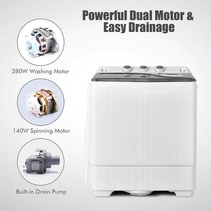 COSTWAY Twin-Tub Portable Washer  26 lb Total Capacity (18 lb Wash + 8 lb Spin), Built-in Drain Pump & Timer Knob for Small Spaces