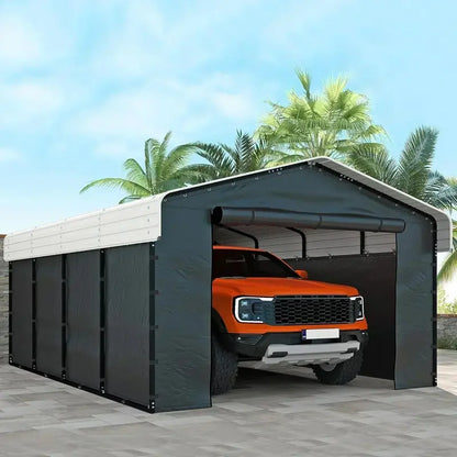 10 ft x 15 ft Reinforced Metal Carport  Weather-Resistant Outdoor Garage or Shade Structure