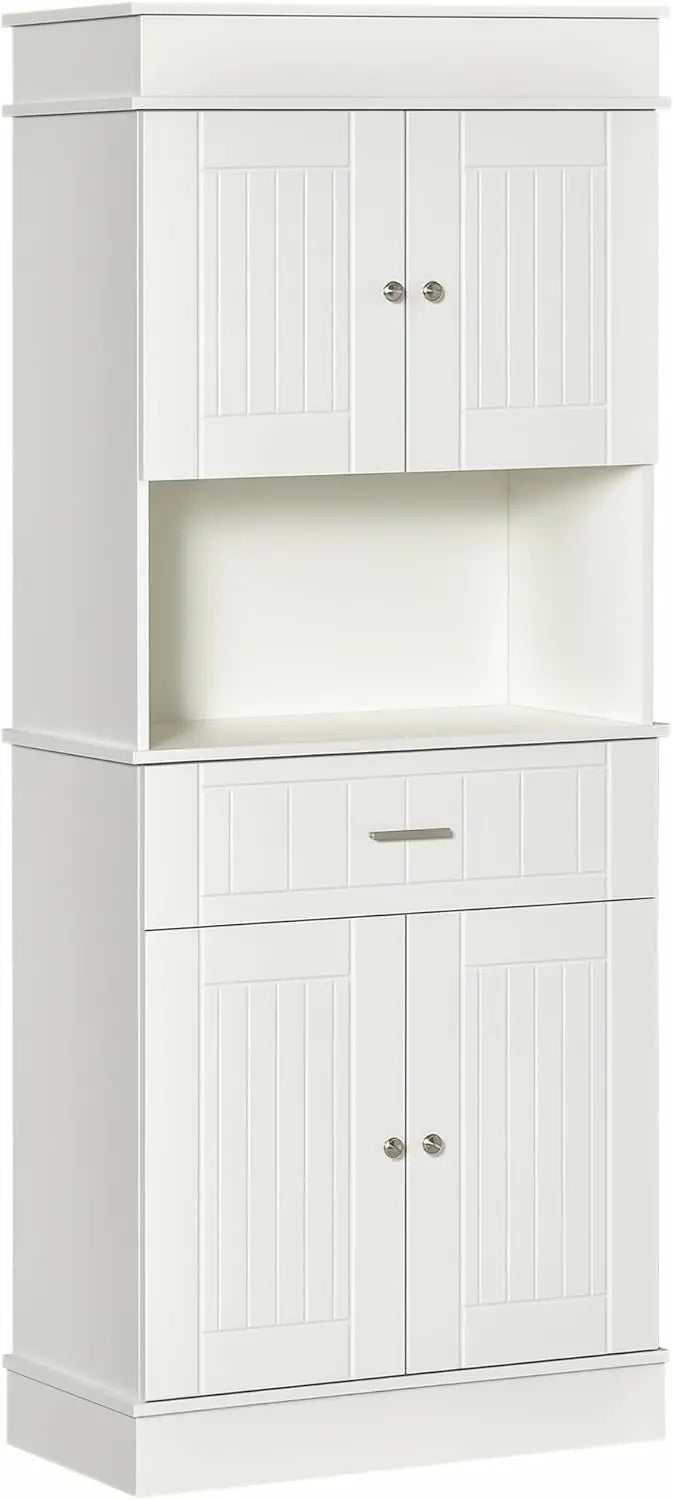 72-Inch White Wood Grain Freestanding Pantry Cabinet with Hutch, Two-Door Cupboards, Utility Drawer, Adjustable Shelf, and Practical Countertop