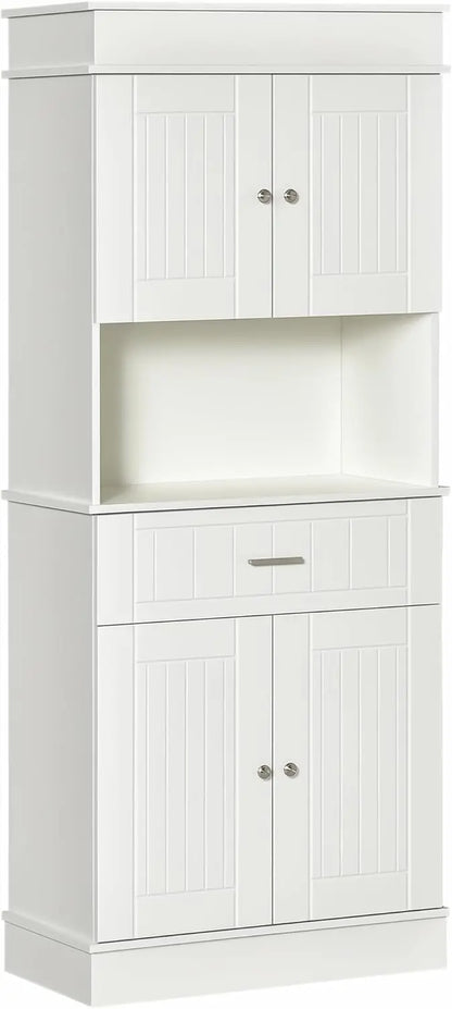 72-Inch White Wood Grain Freestanding Pantry Cabinet with Hutch, Two-Door Cupboards, Utility Drawer, Adjustable Shelf, and Practical Countertop
