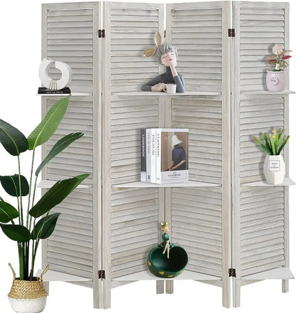 ECOMEX 4-Panel Folding Room Divider  White Privacy Screen with Built-In Shelves